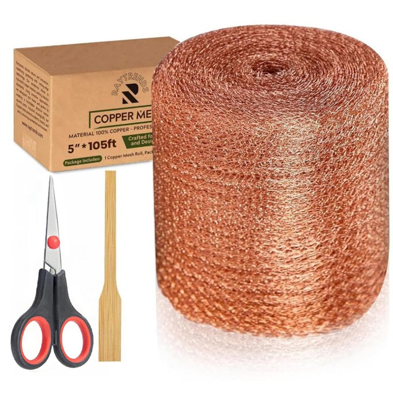 RAYTRENDS 3rd Gen Copper Mesh Rodent Control Kit 5" x 105ft, 100% Premium Copper Wool for Sealing Holes & Water Gaps, Blocks Slugs, Snails, Mice & Pests – with Scissors & Packing Tool - Image 1